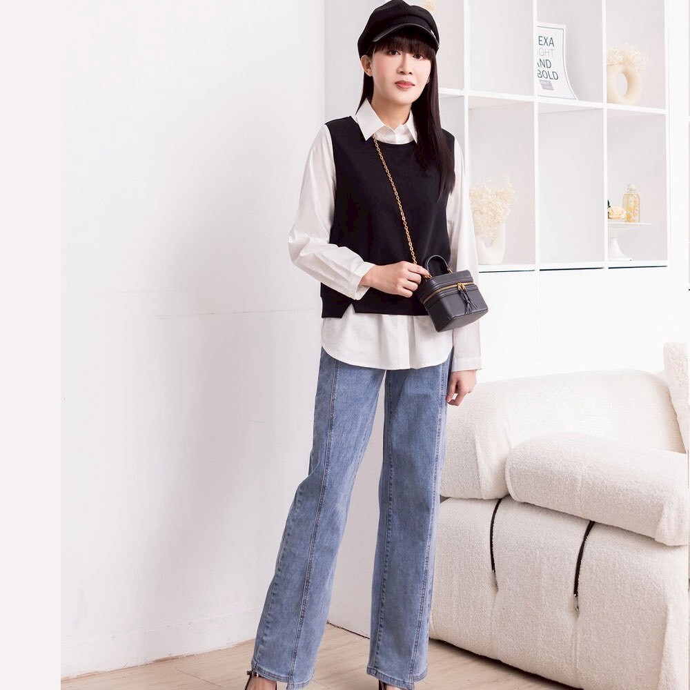 韓版時尚淺藍色個性剪裁褲口不對稱設計修身闊腿牛仔長褲X6271