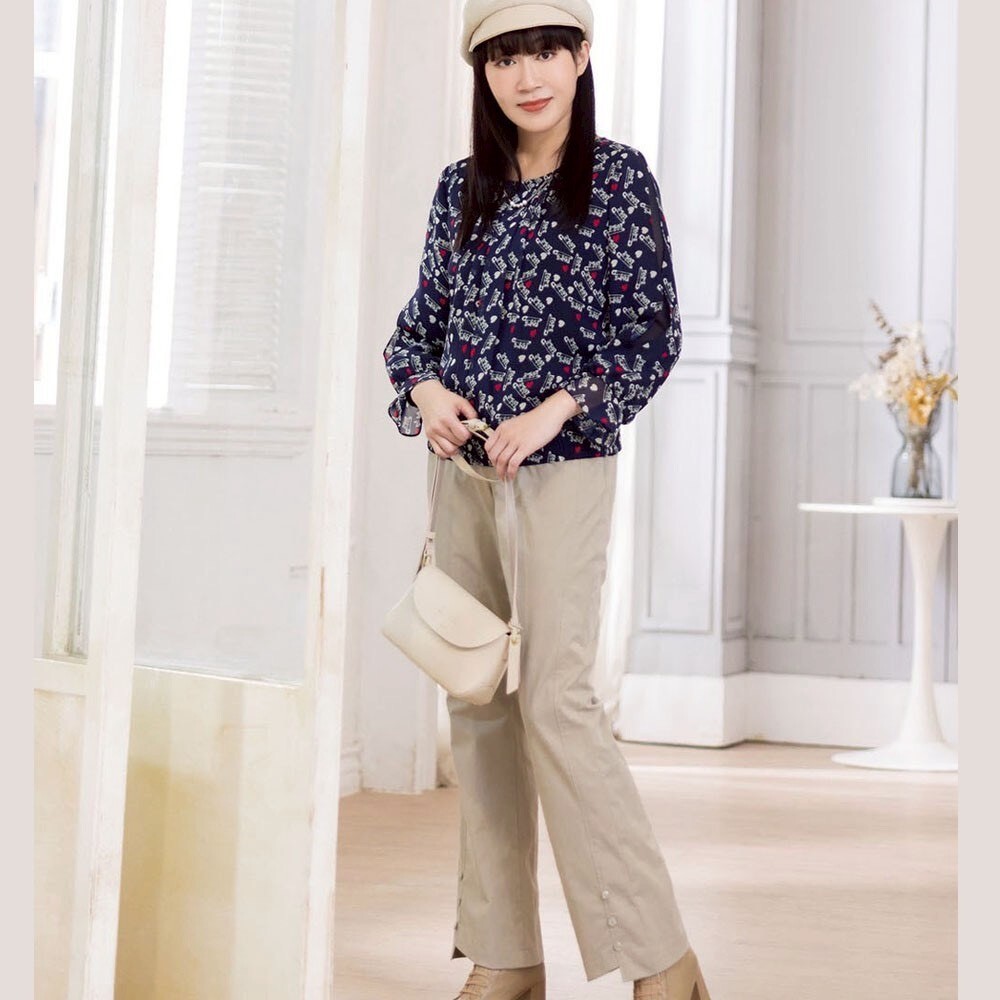 OL韓版甜美❤️雪紡印花袖子拼接雙層造型活動珍珠鍊修身上衣X6021