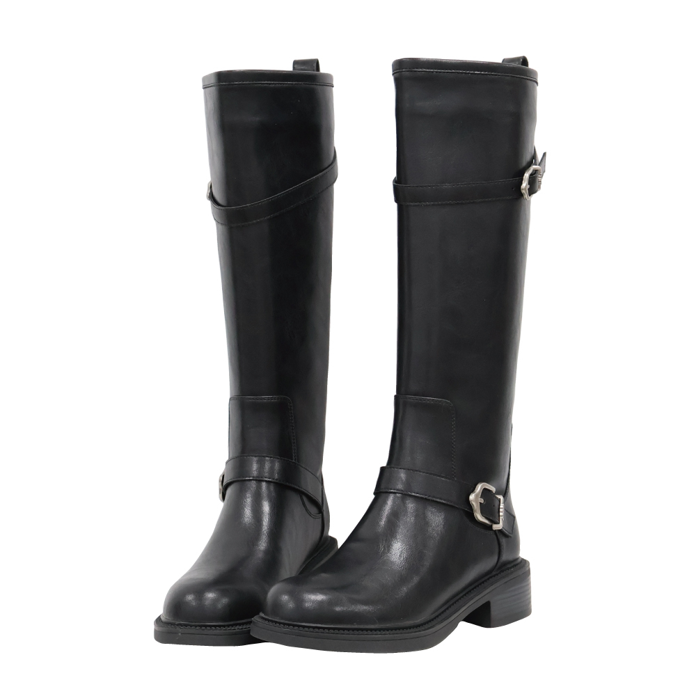 (現+預) 側邊皮帶扣真皮長靴 -2色