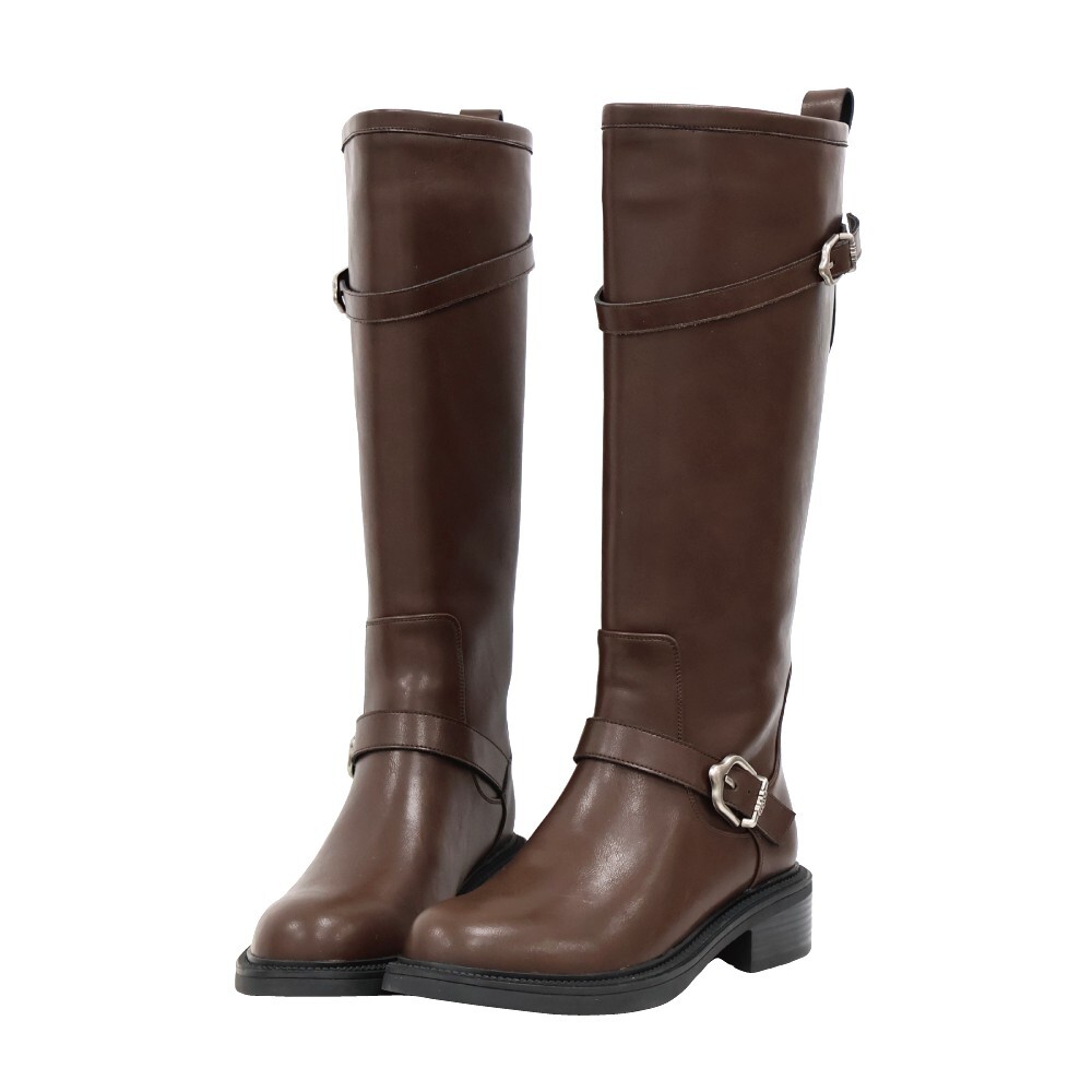 (現+預) 側邊皮帶扣真皮長靴 -2色