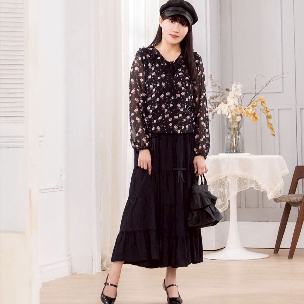 OL宮廷風優雅印花甜美雙層荷葉領修身雪紡上衣X6032