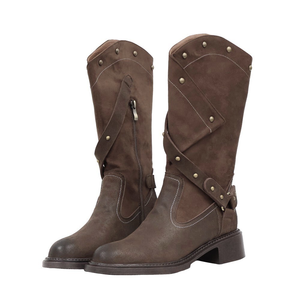 (現+預) 個性鉚釘V口西部短靴 -2色