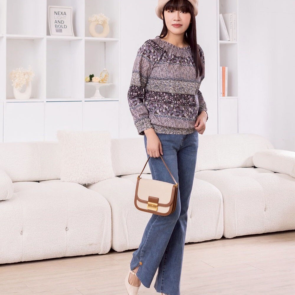 韓版時尚紫印花甜美宮廷風氣質領造型修身上衣X6061