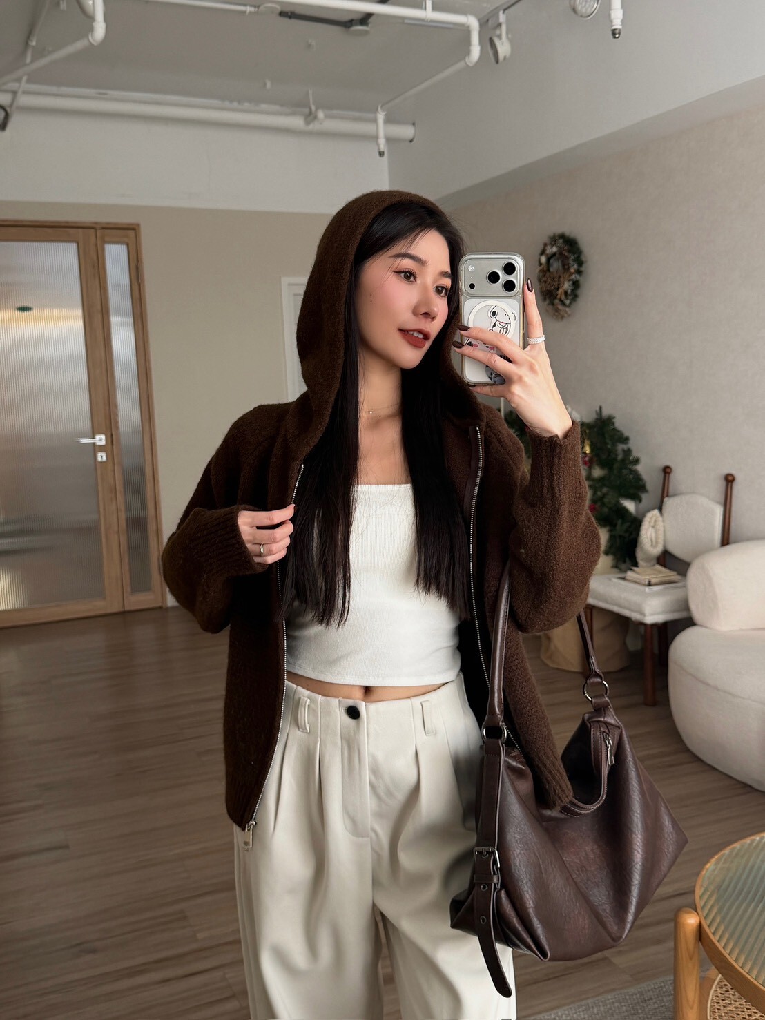 雙拉鍊針織連帽外套