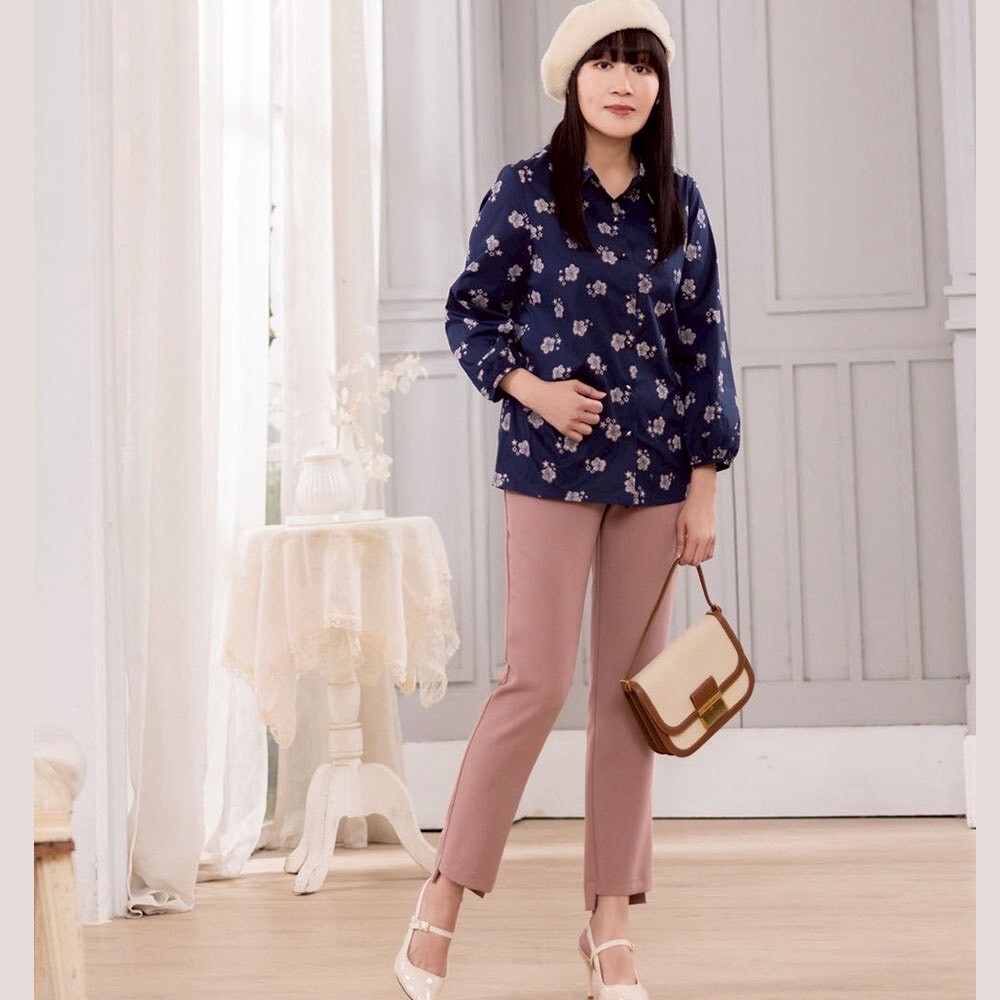 OL韓版典雅氣質印花宮廷風袖口造型小A版修身上衣X6121