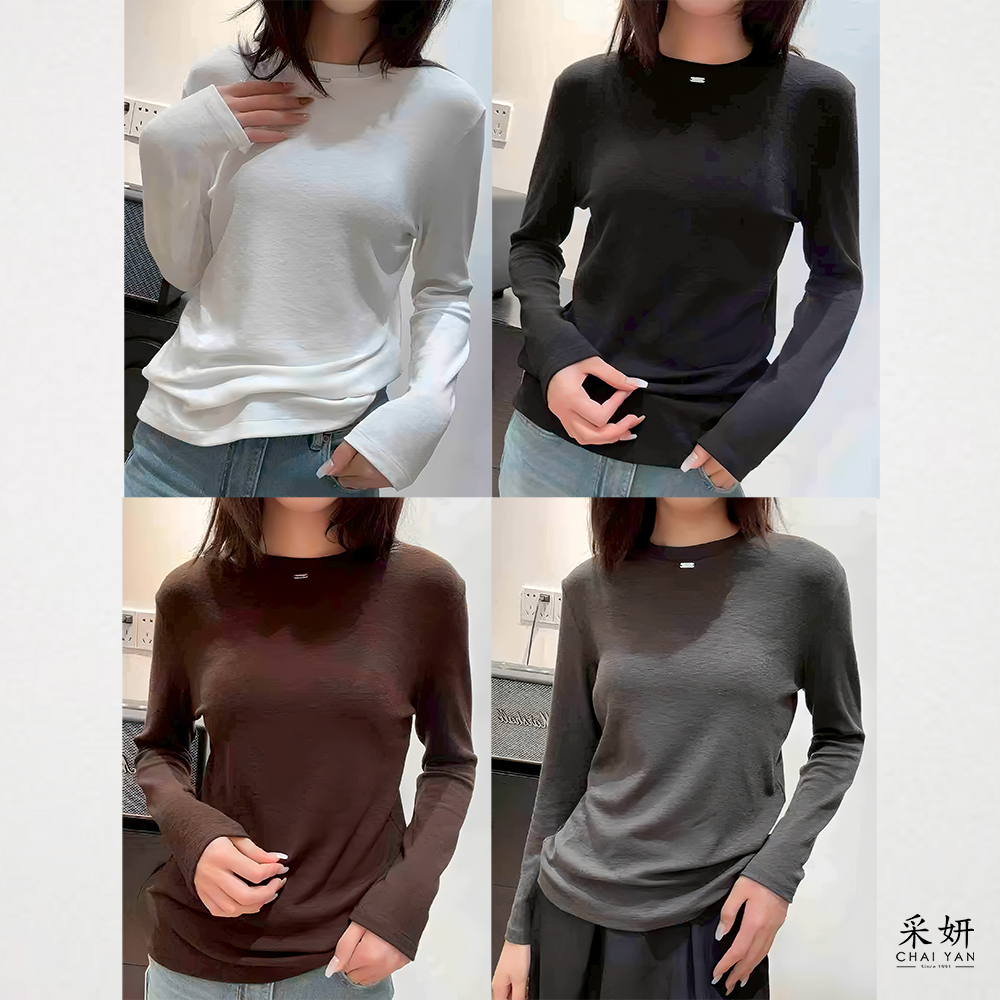 小標素色混紡棉圓領長袖上衣