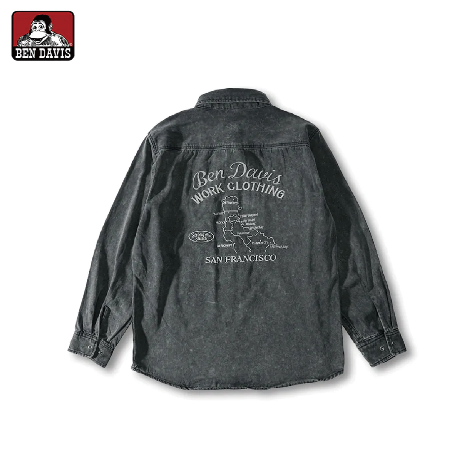 【 BEN DAVIS | 美國城市地圖刺繡襯衫 - 水洗黑 】