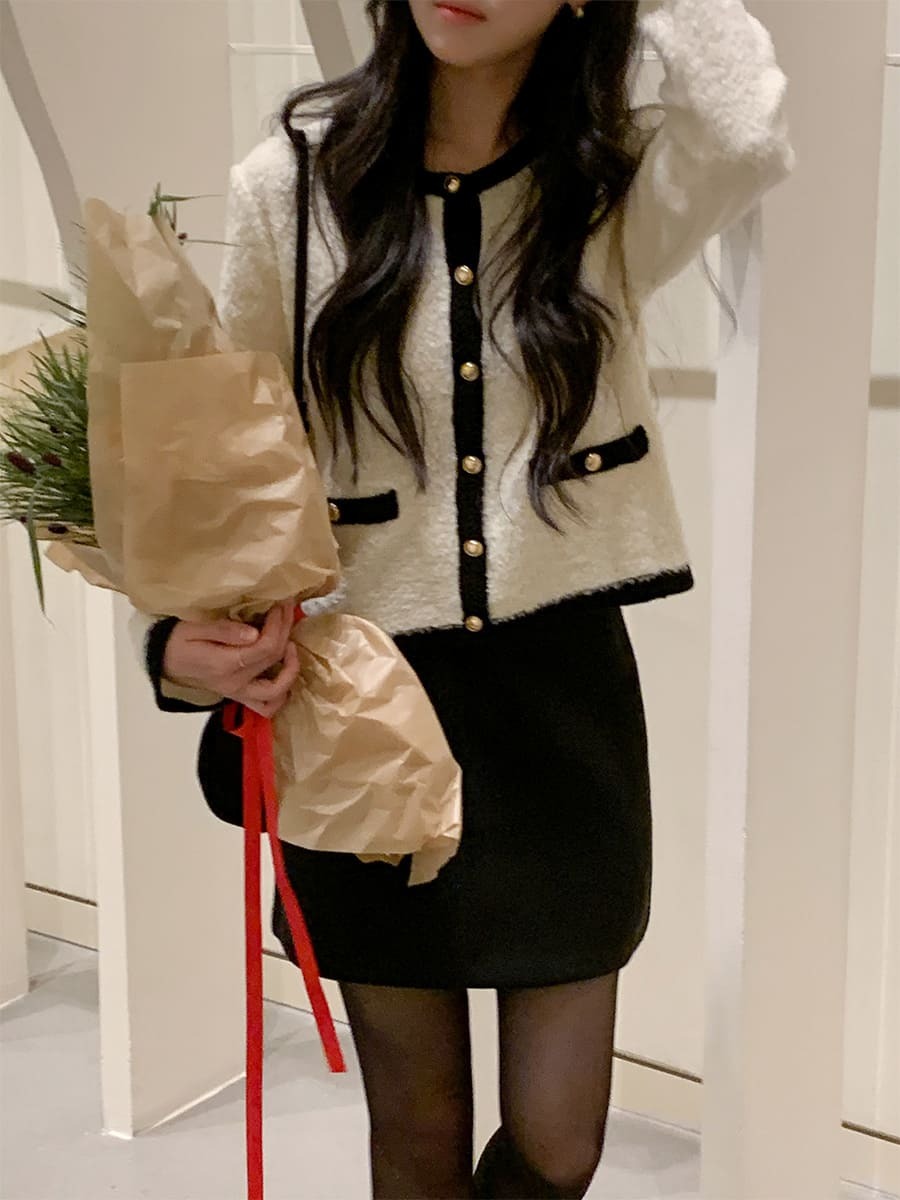 韓國Cherrykoko授權 柔煦小香風毛呢滾邊金釦外套