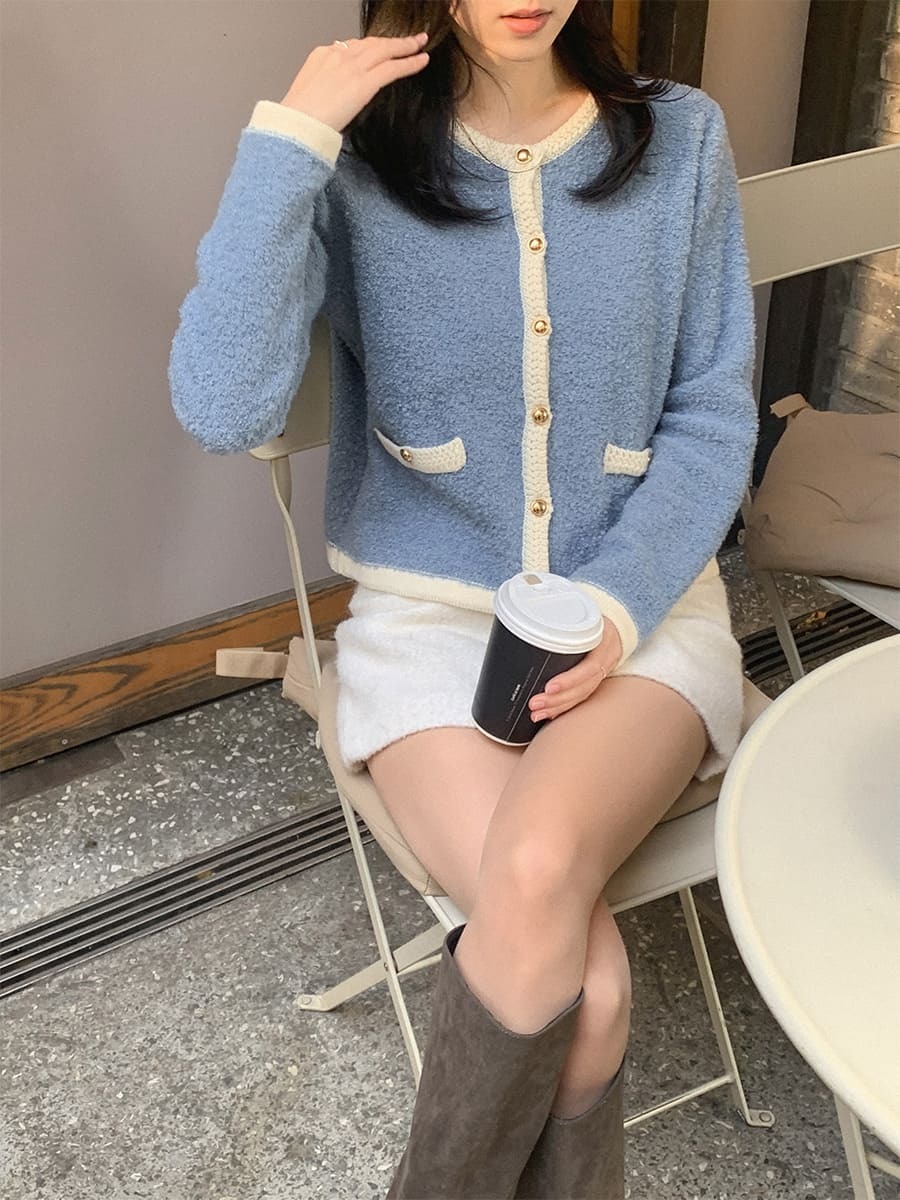 韓國Cherrykoko授權 柔煦小香風毛呢滾邊金釦外套