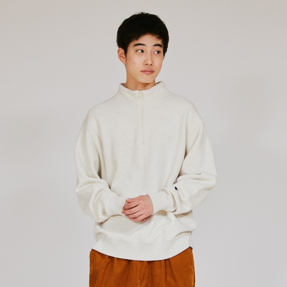 男款- CASUAL 寬版小C半開襟長袖大學T -淺米色（C3-C003-810）