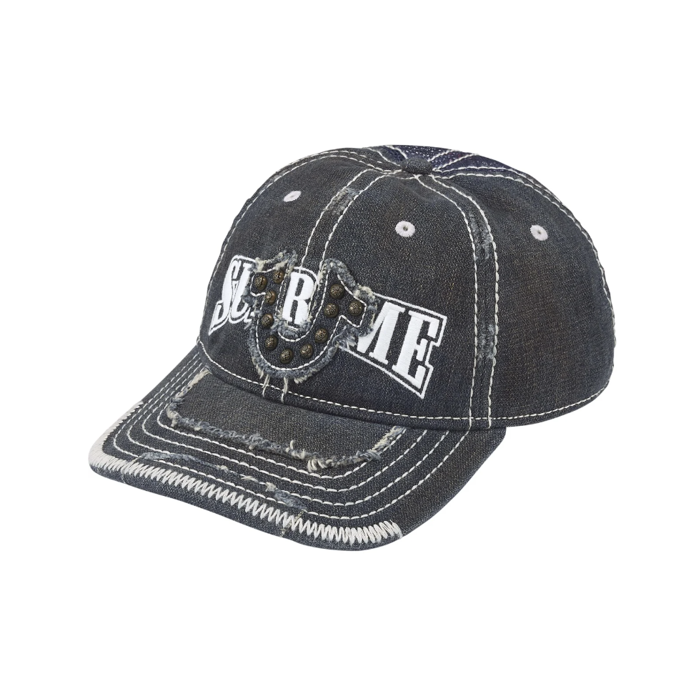 -(B06)-SUPREME TRUE RELIGION MESH BACK 6-PANEL 聯名款 車線 破壞 卯丁 六分割帽 黑色/單寧藍/粉色-FW25H19