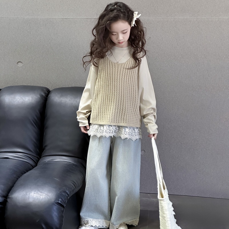針織直紋背心+蕾絲下擺上衣/蕾絲牛仔寬褲 120-170cm #CS8143