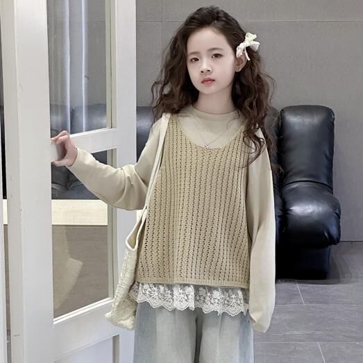 針織直紋背心+蕾絲下擺上衣/蕾絲牛仔寬褲 120-170cm #CS8143