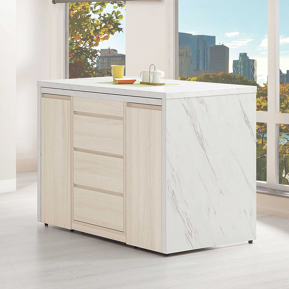 曼朵4尺伸縮中島型餐桌櫃/多功能附輪活動式餐桌收納置物櫃組合