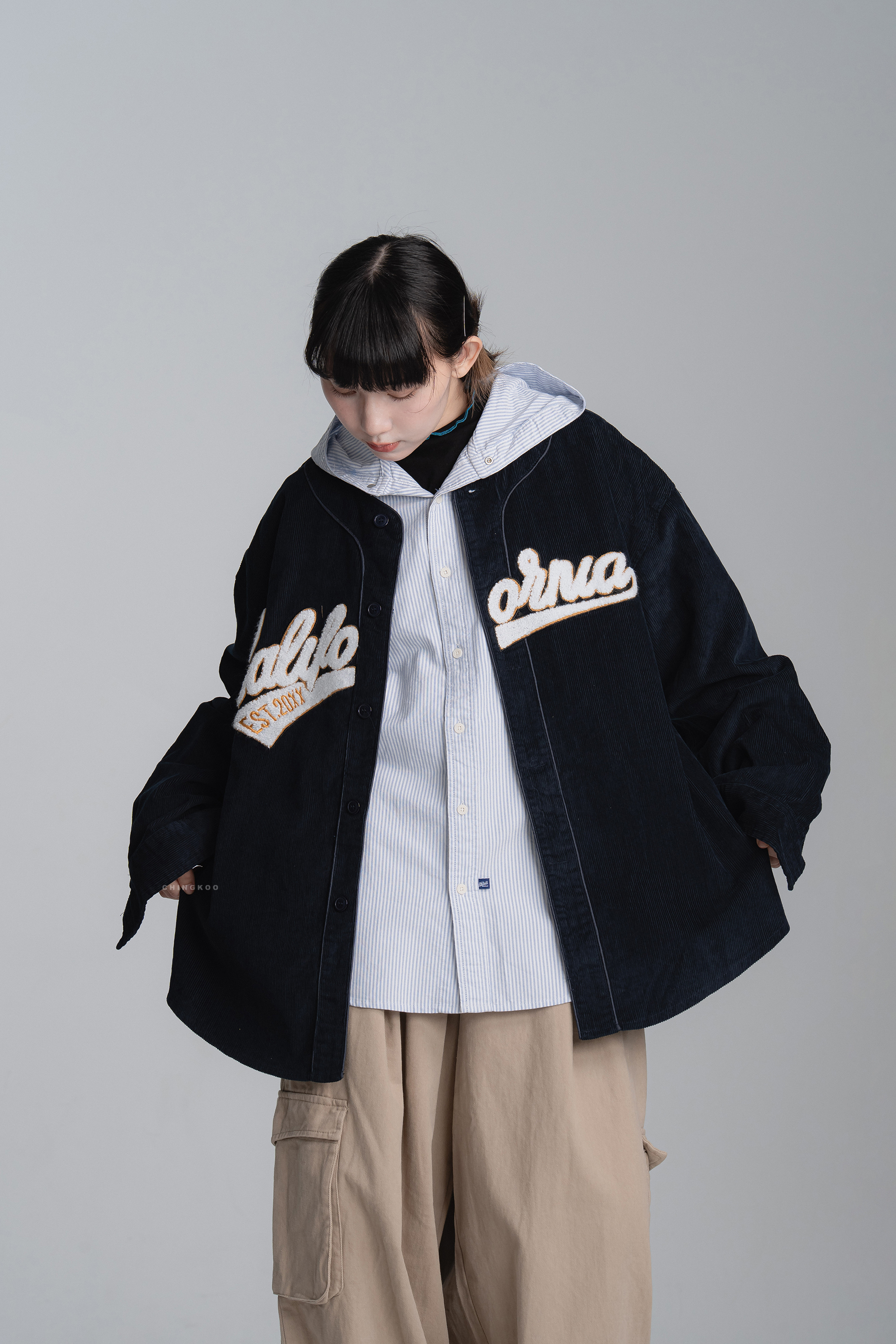 燈芯絨棒球領長袖襯衫 3色