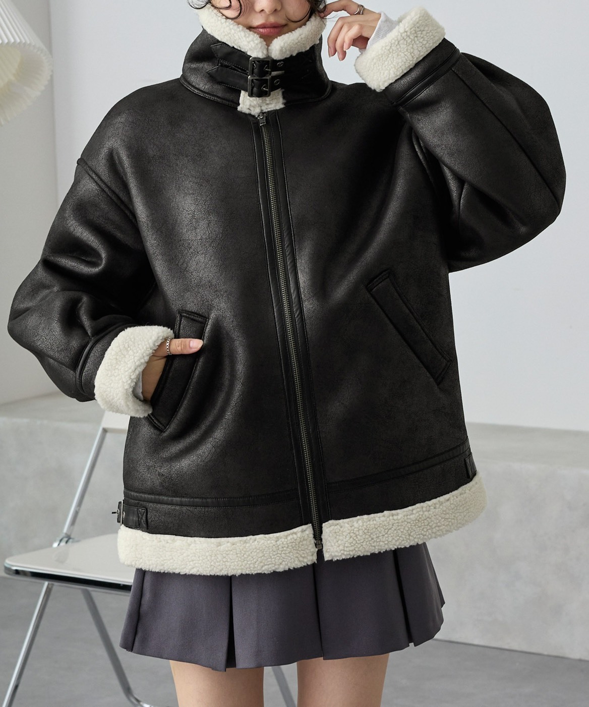 <超扯降價♥>日本 mono-mart 羊羔絨 皮革 可立領 翻領 夾克 外套 短版 長版 3色