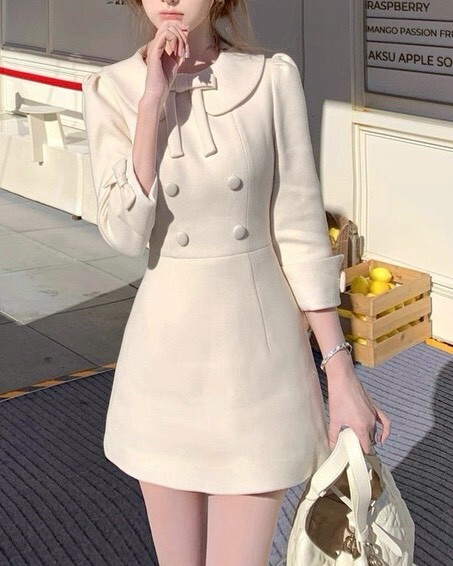 設計師家氣質圓領含羊毛收腰洋裝