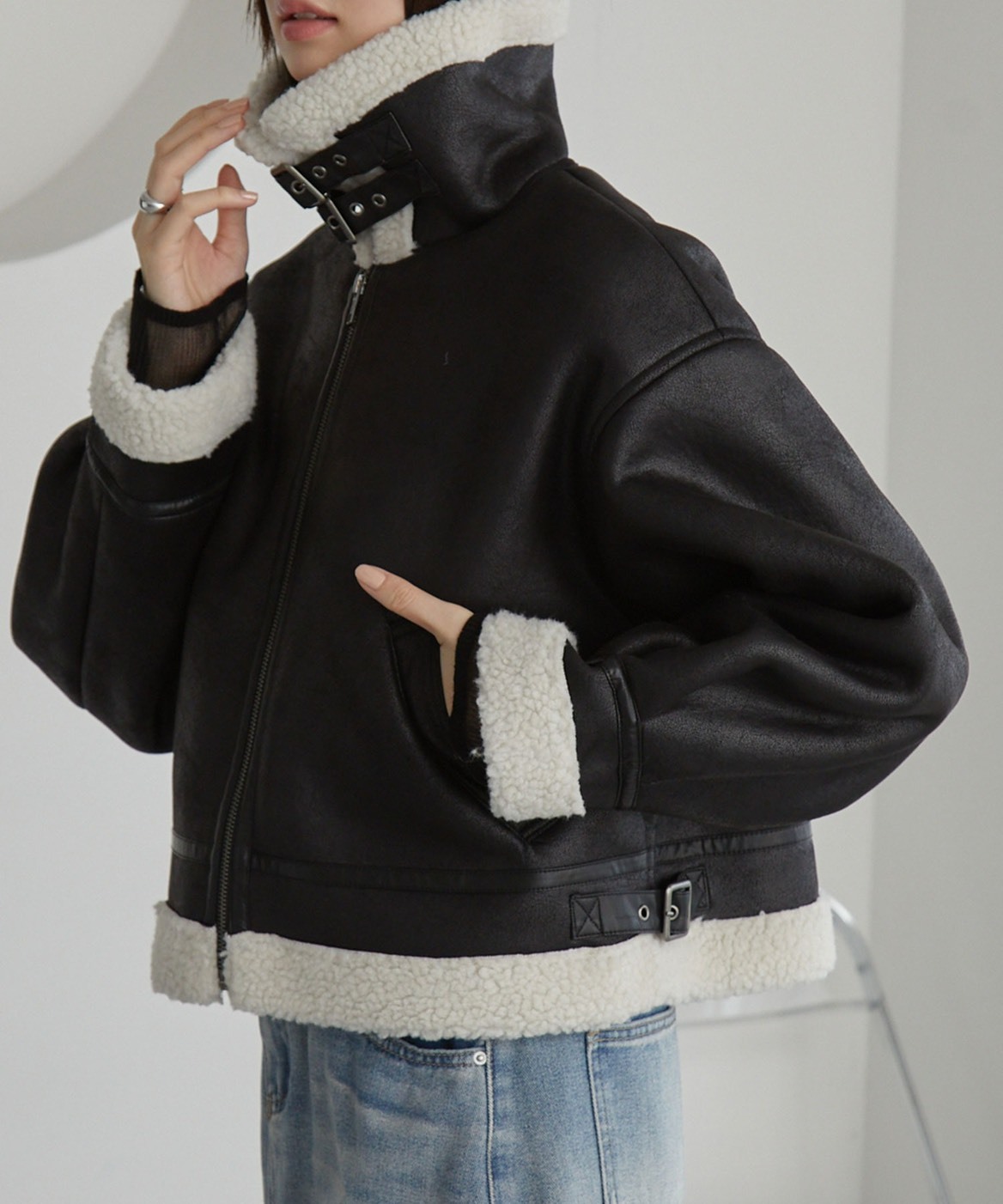 <超扯降價♥>日本 mono-mart 羊羔絨 皮革 可立領 翻領 夾克 外套 短版 長版 3色