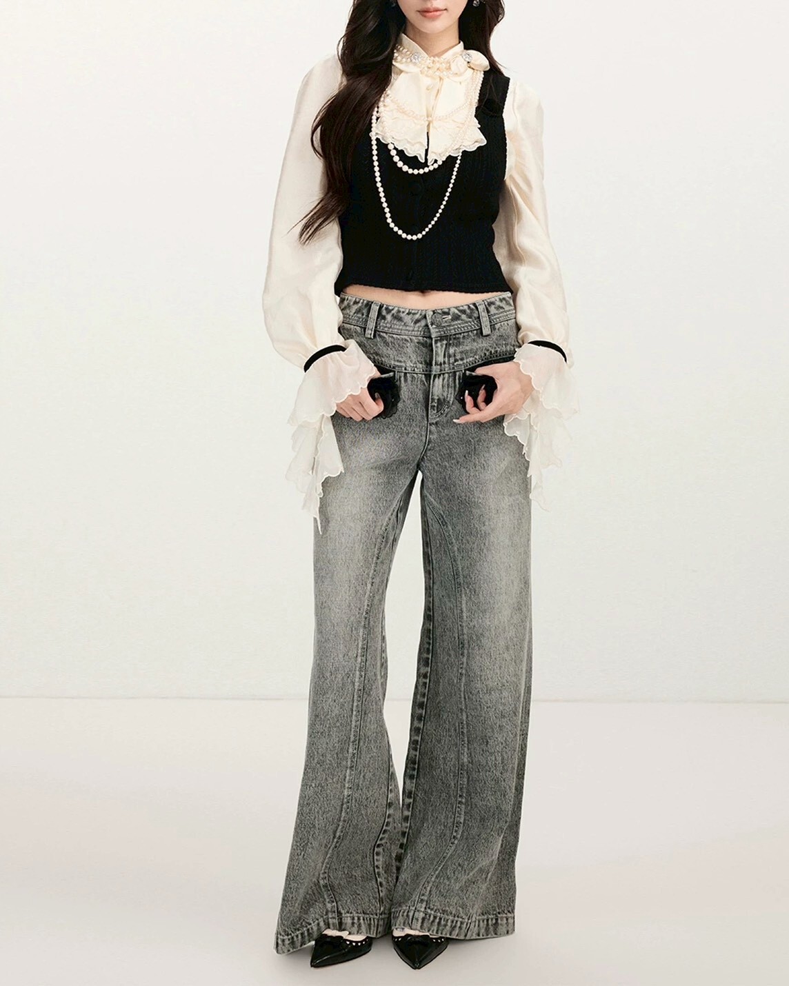 設計師家仿舊刷色口袋配飾歐根紗層次繡花牛仔褲