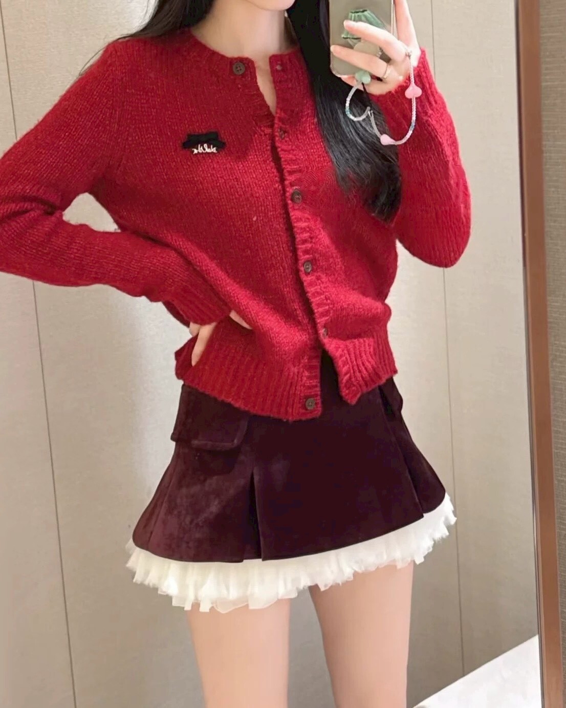 設計師家聖誕紅氛圍針織外套含羊毛+棕紅絲絨拼接層次褲裙