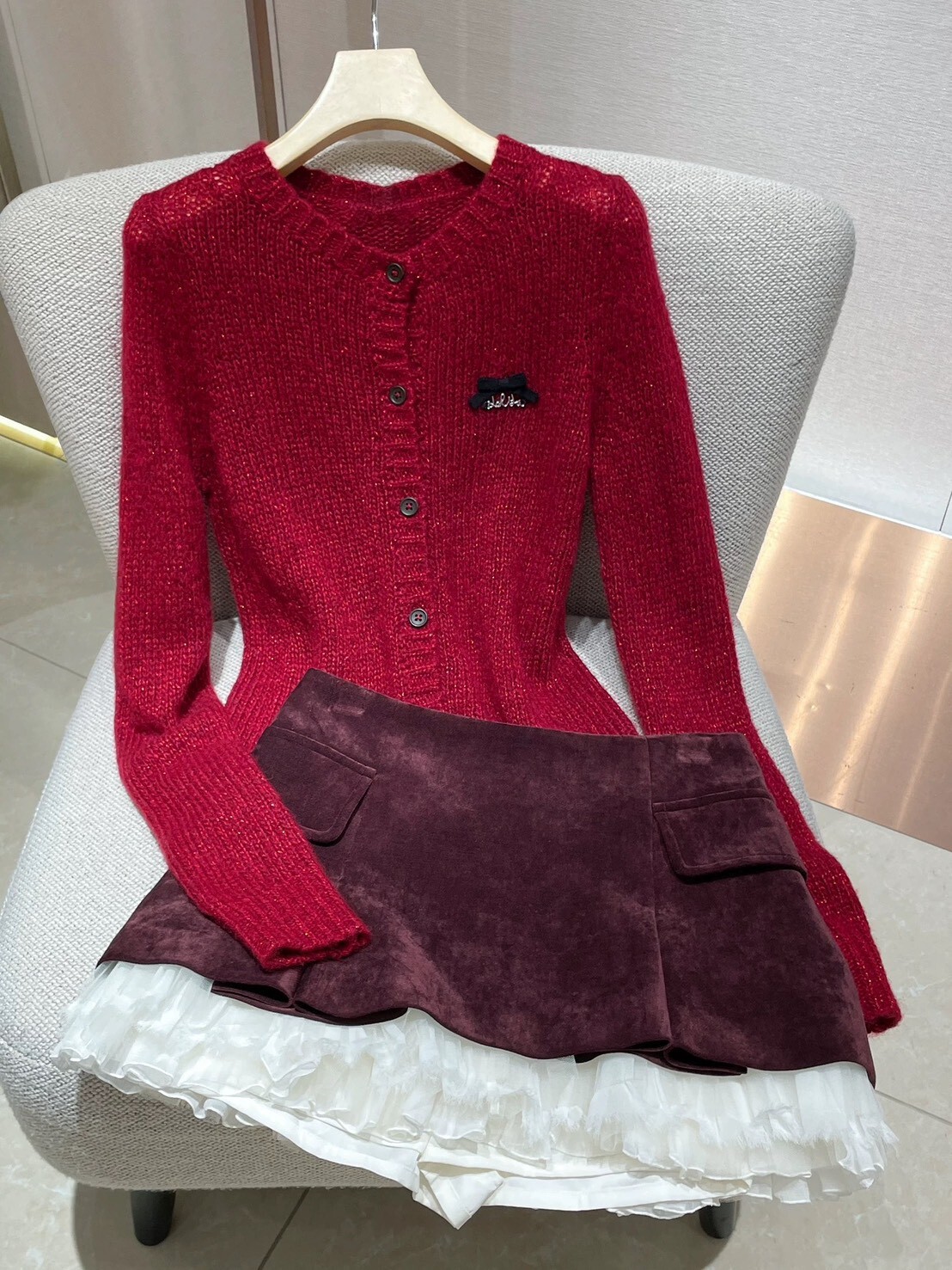 設計師家聖誕紅氛圍針織外套含羊毛+棕紅絲絨拼接層次褲裙