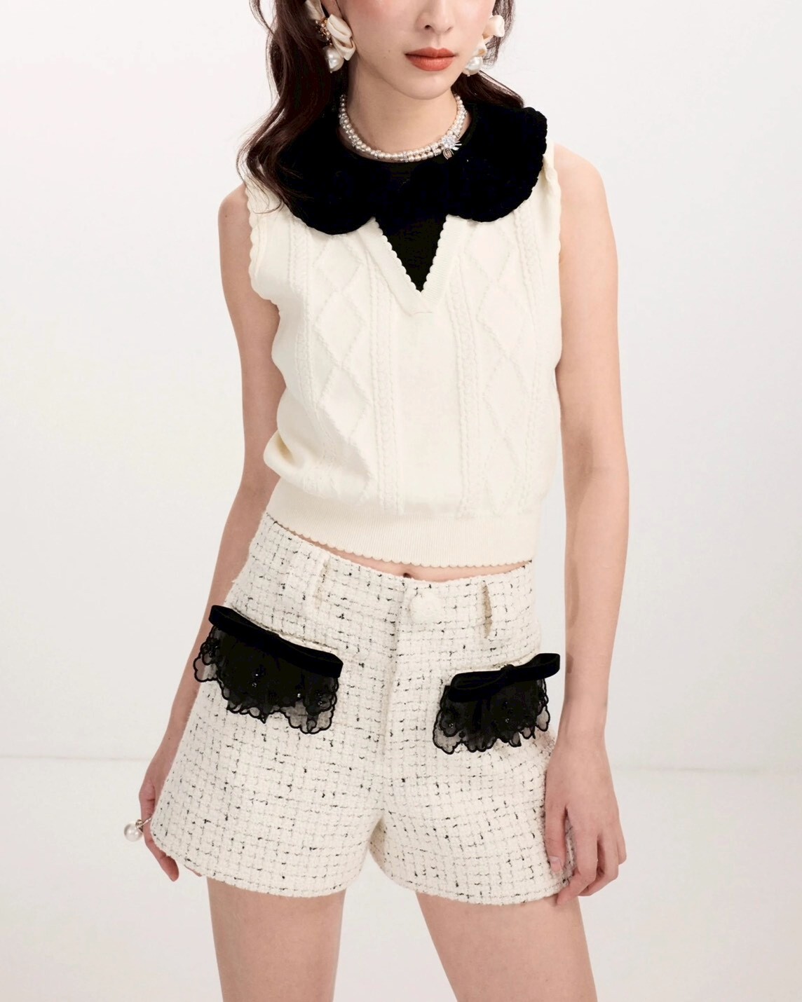 設計師家口袋配層次歐根紗香風毛呢短褲