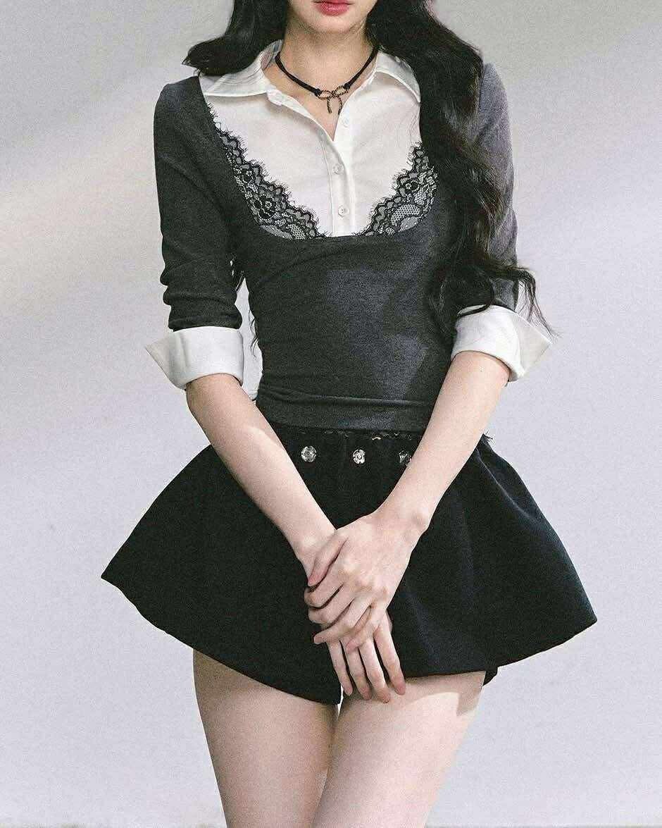 設計師家深灰棉拼接蕾絲襯衫上衣