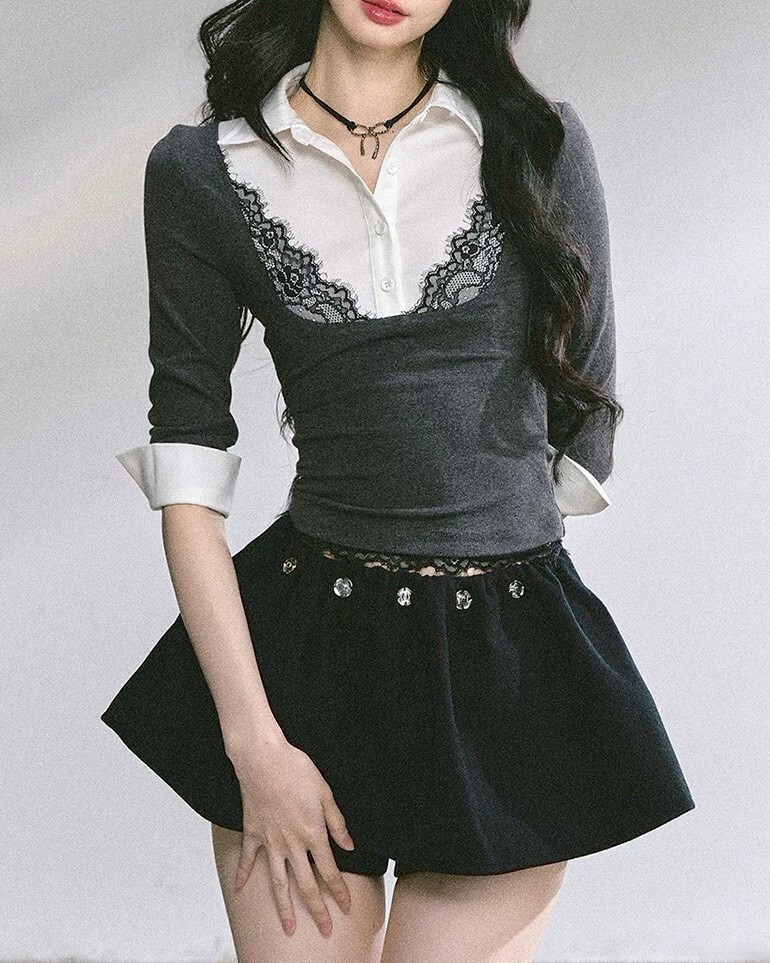 設計師家深灰棉拼接蕾絲襯衫上衣