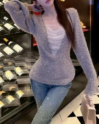 V領串珠流蘇鬚鬚毛上衣