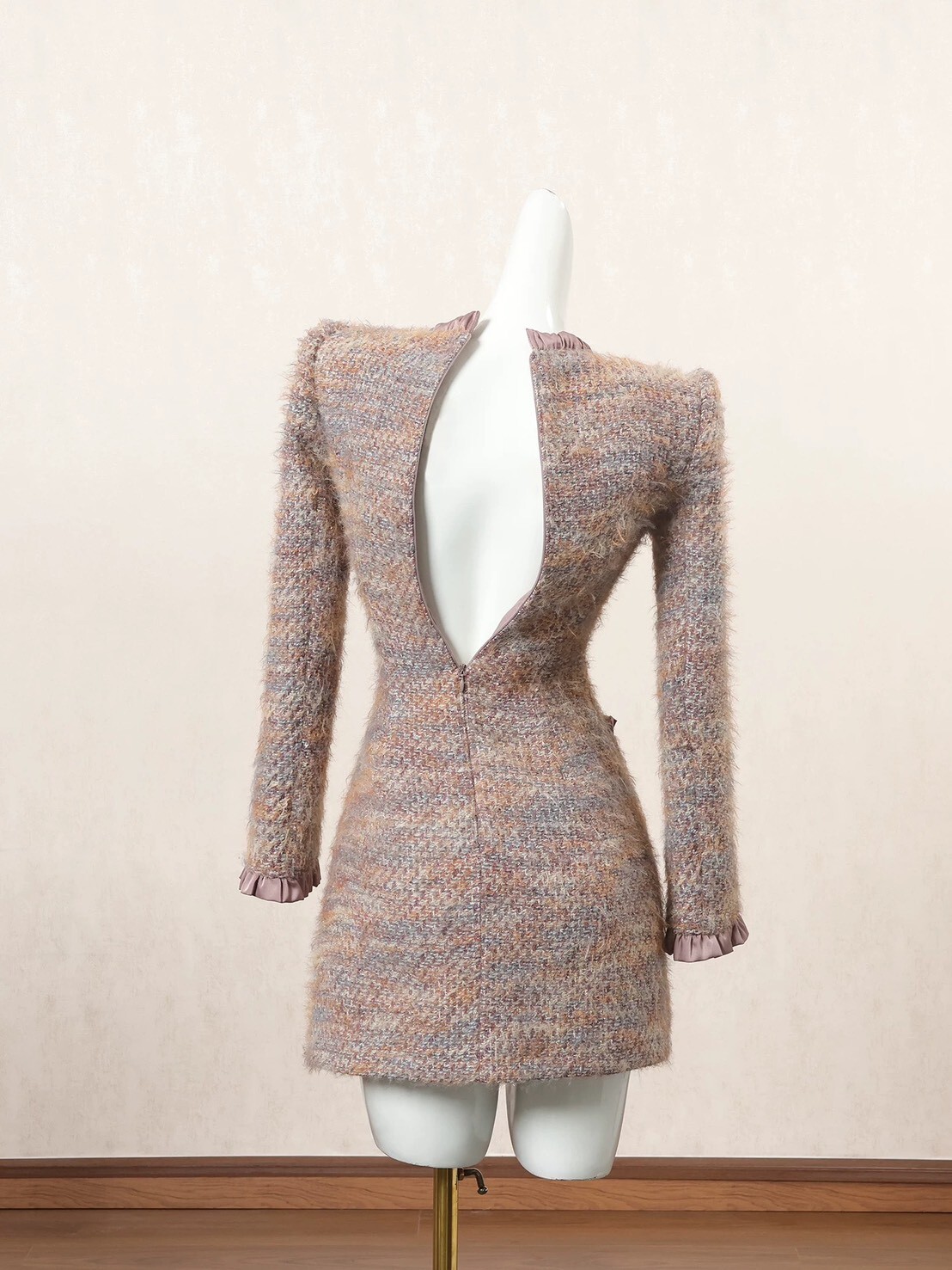 香風混織後拉鏈拼接緞面洋裝