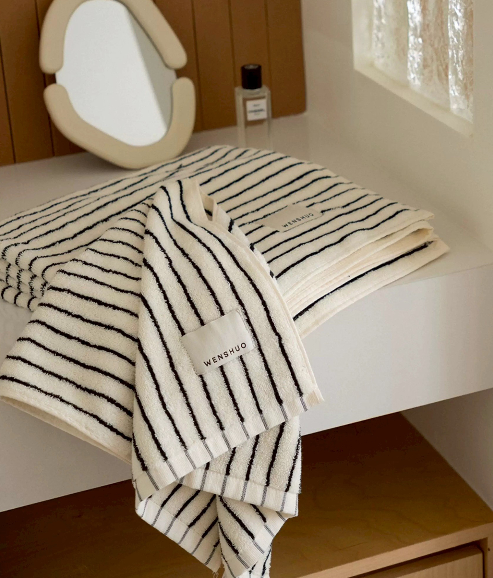 簡約黑白配色條紋純棉浴巾/洗臉巾 / 2款