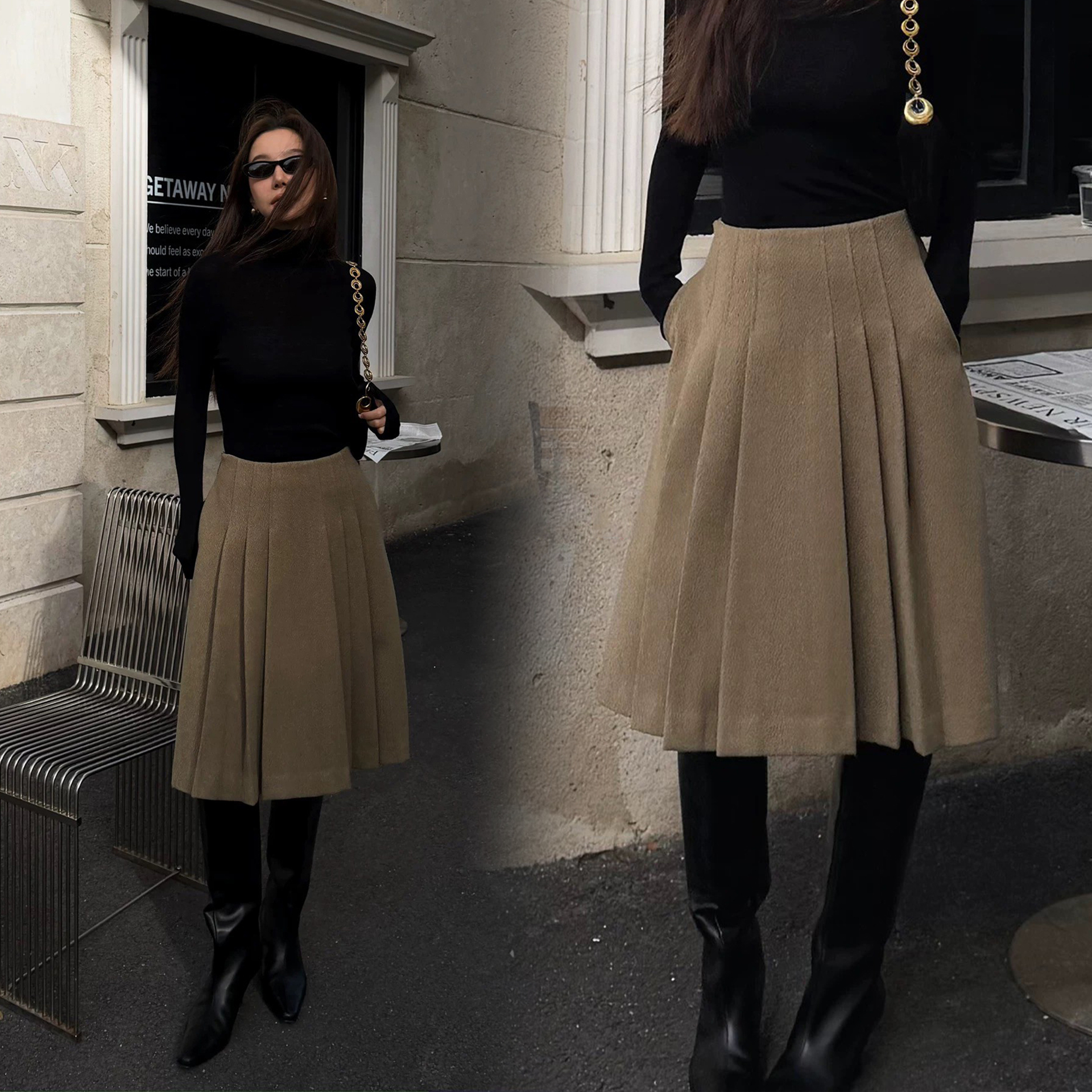 摩卡棕氣質感百褶裙A字及膝長裙-S-L (Elegant & Love)