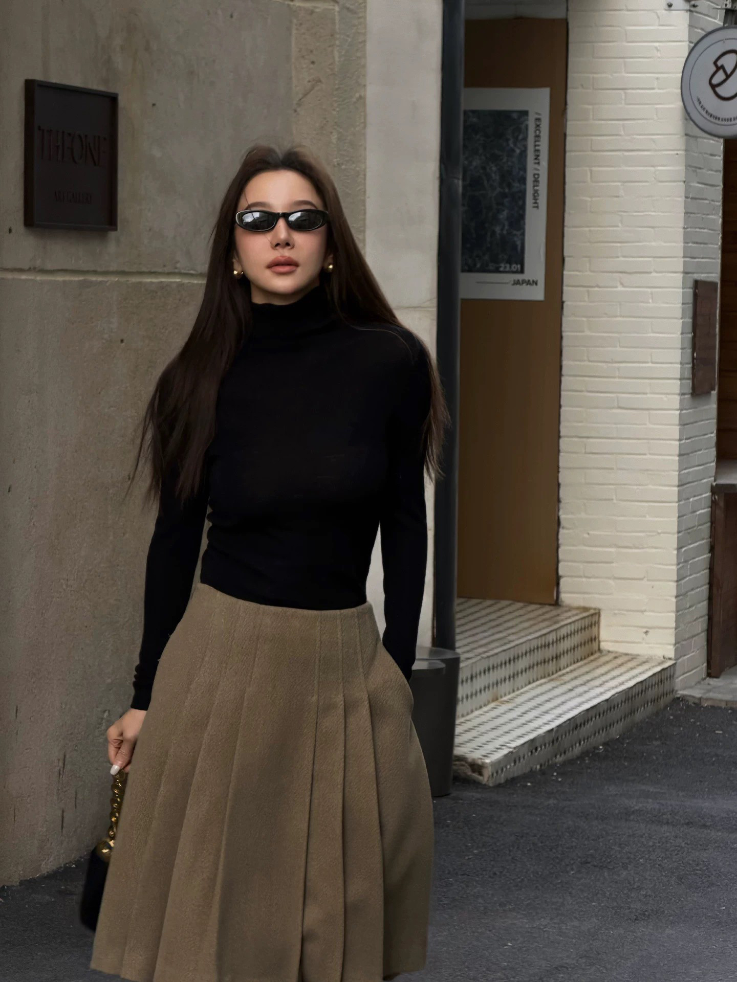 摩卡棕氣質感百褶裙A字及膝長裙-S-L (Elegant & Love)