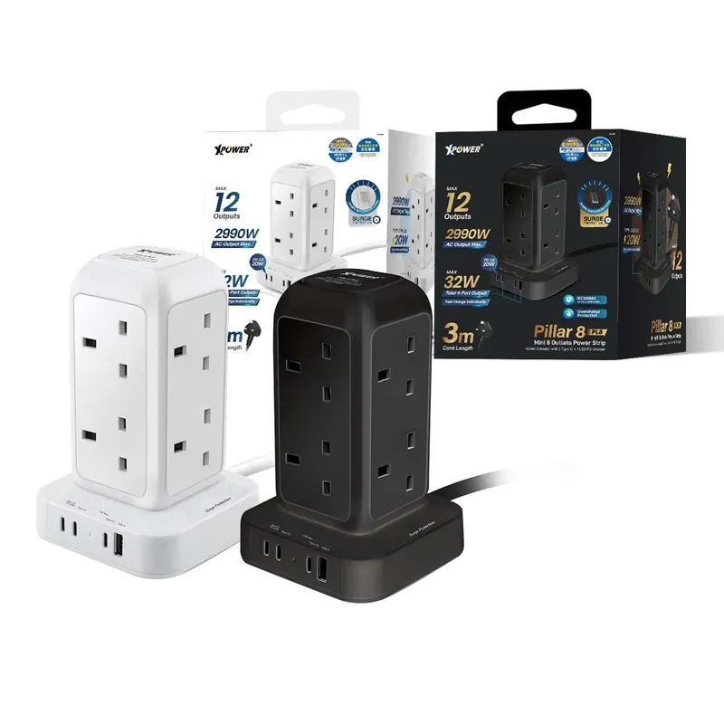 XPower Pillar 8 迷你直立式12輸出拖板 3米線長 8個插頭 PD 3.0輸出拖板 PL8