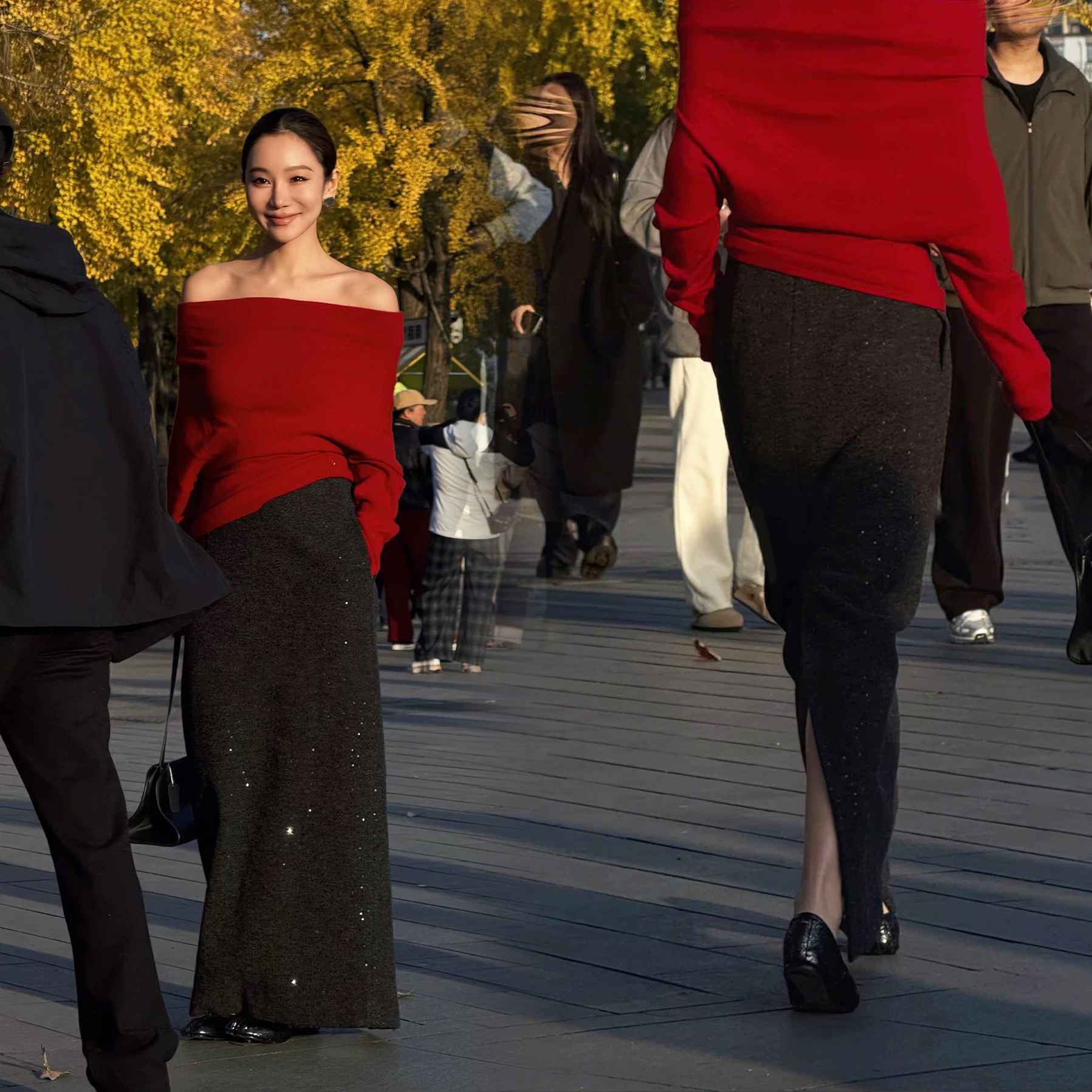 經典黑閃閃亮片後開衩造型鉛筆裙長裙-S-XL (Elegant & Love)