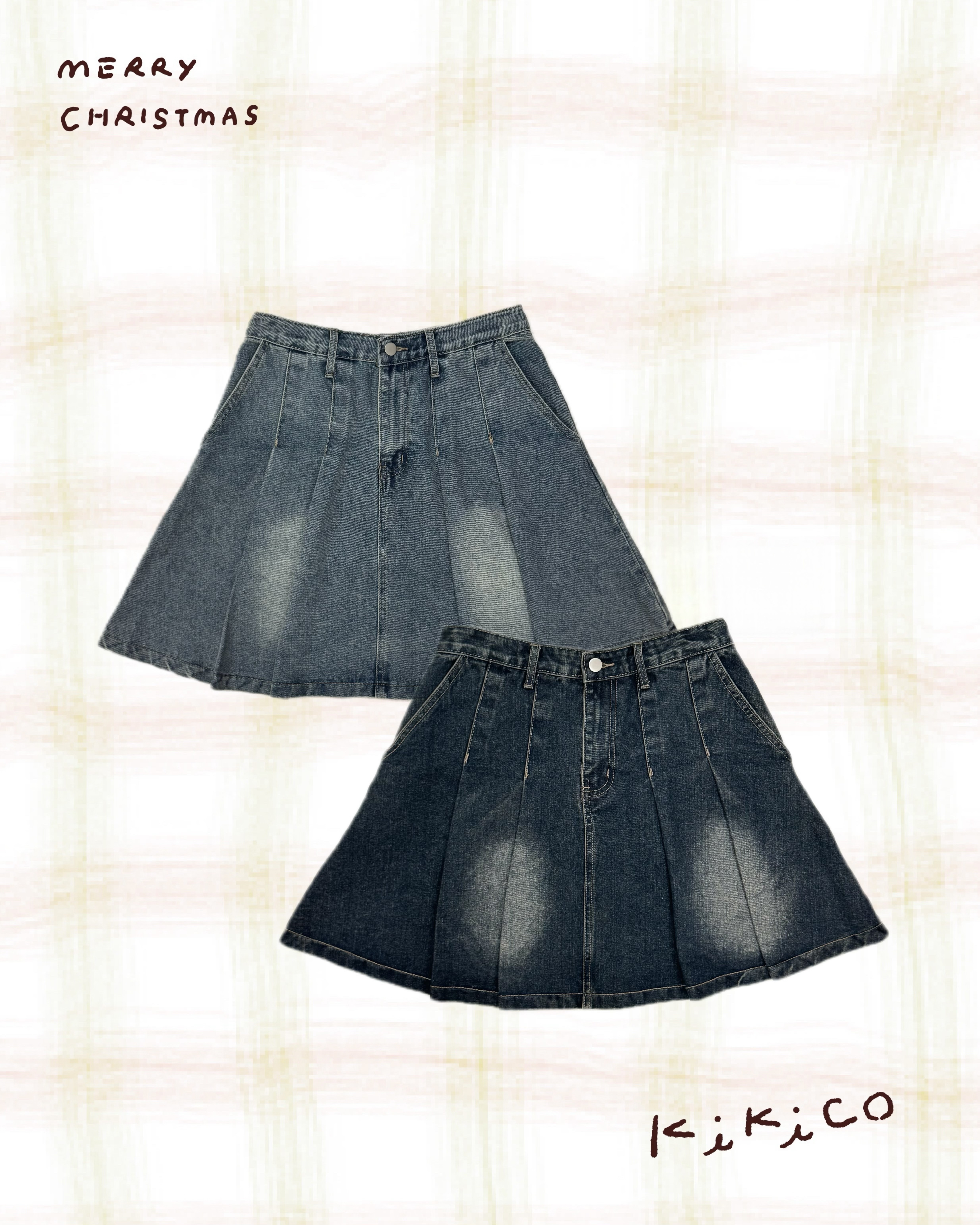 刷色百褶牛仔短裙