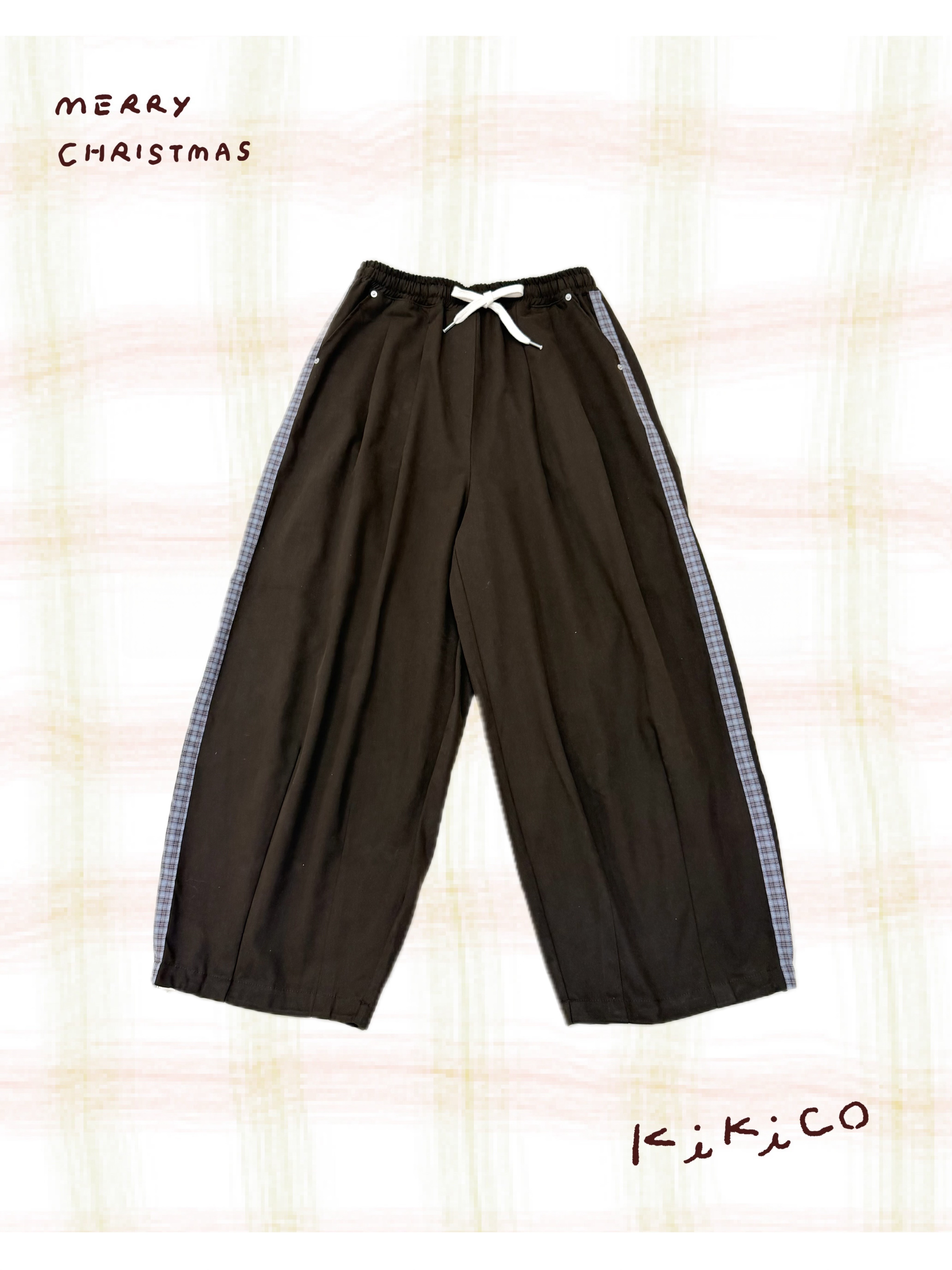 扯布全橡筋腰拼格仔邊闊褲