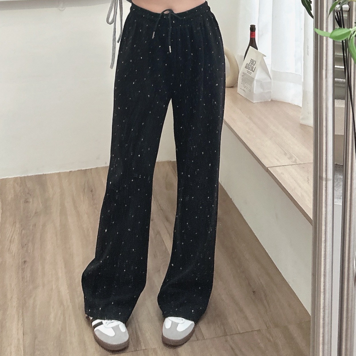 磨毛水鑽綁繩棉寬褲/二色