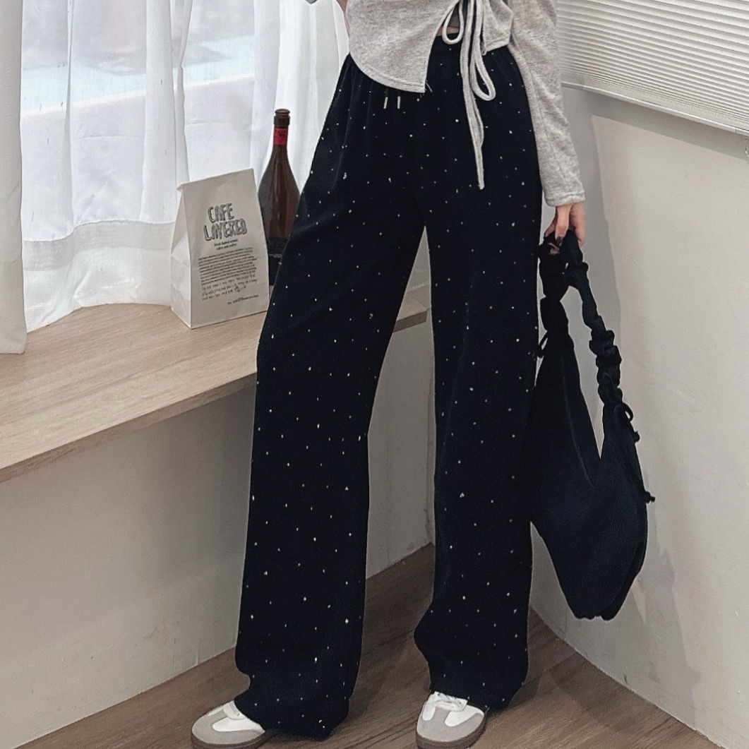 磨毛水鑽綁繩棉寬褲/二色