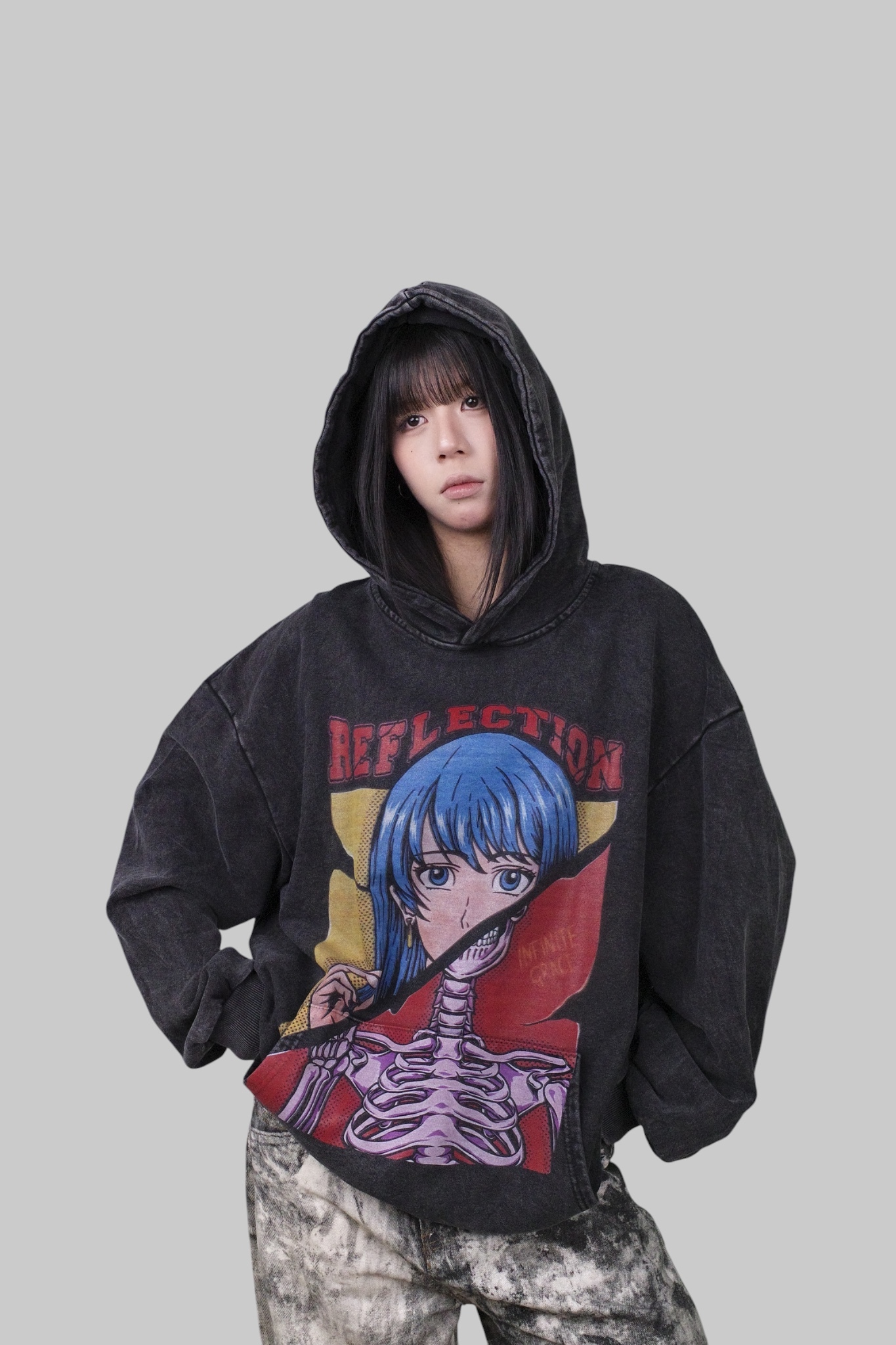 『Always_Good』少女 骷髏 拼接 插畫 水洗 帽TEE