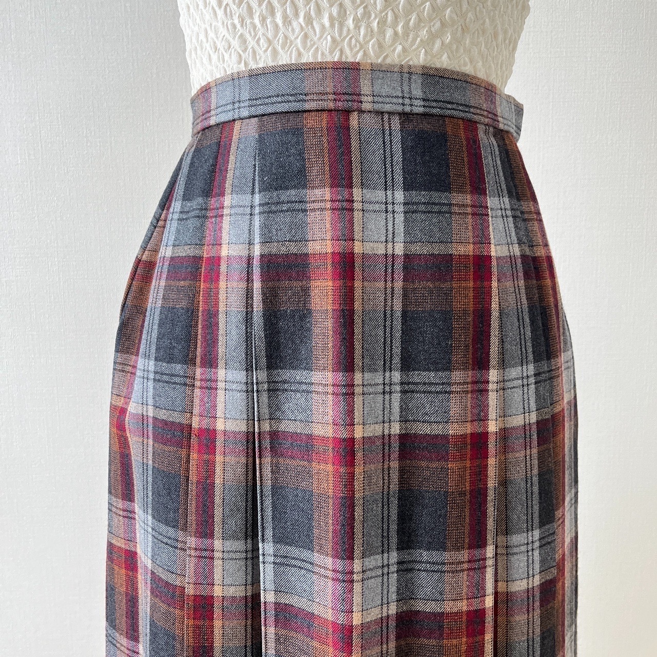 紅色拼灰色大格紋羊毛半裙