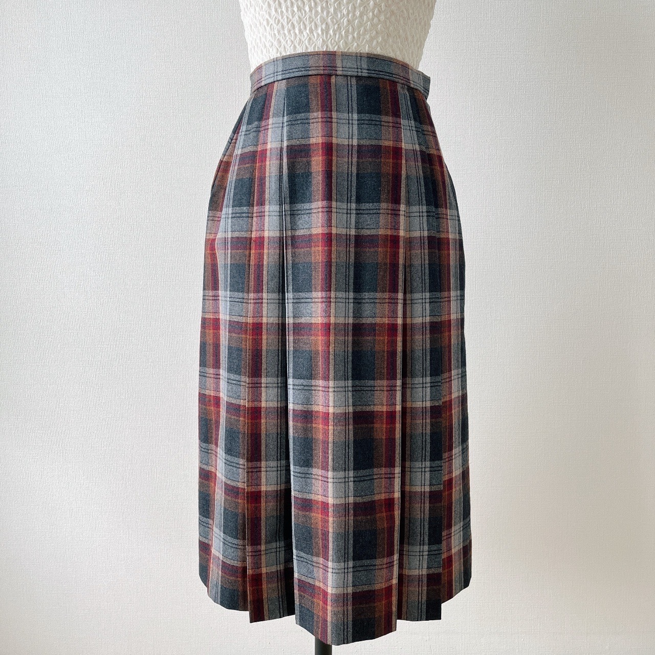 紅色拼灰色大格紋羊毛半裙