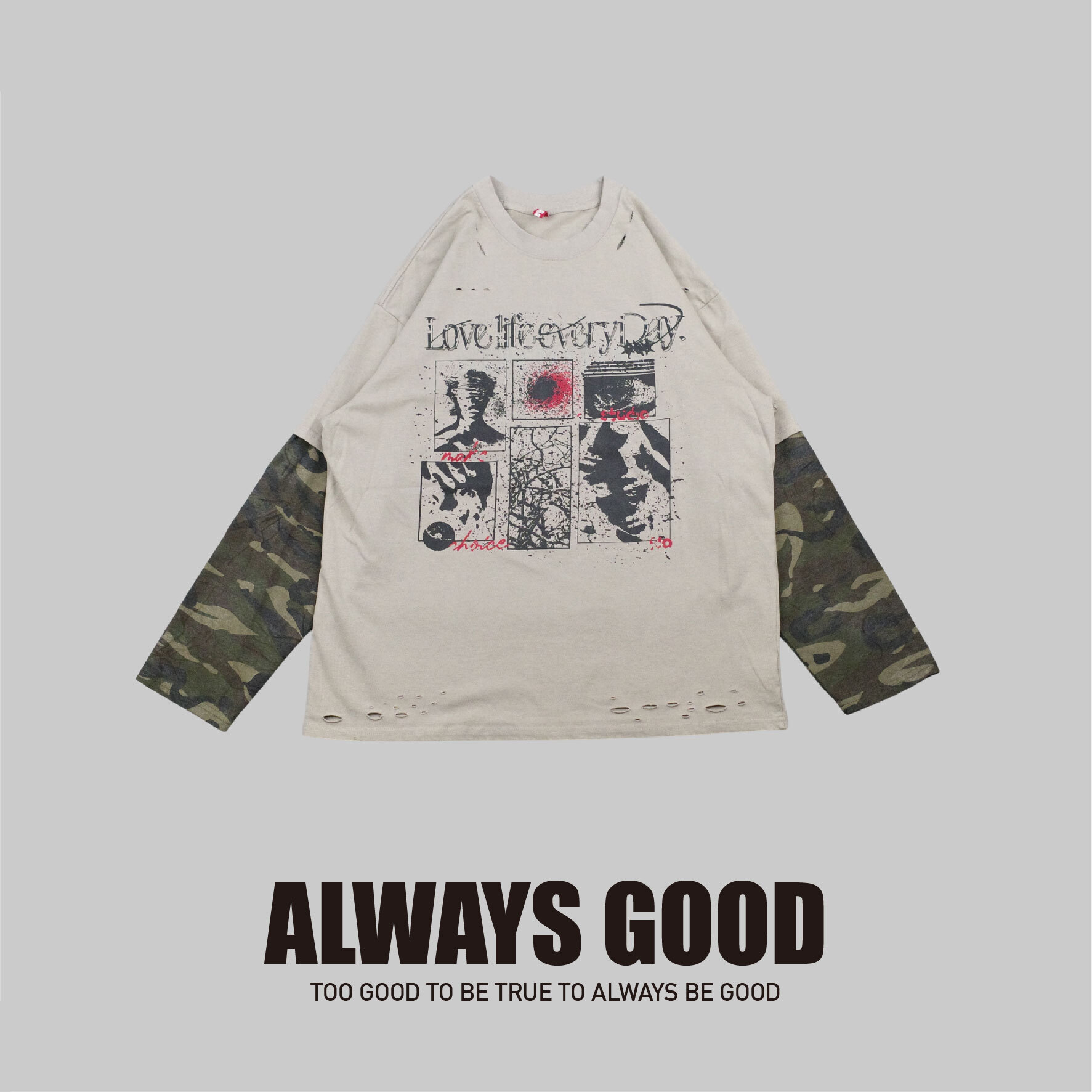 『Always_Good』做舊 刷破 拼接 迷彩 假兩件 薄長TEE