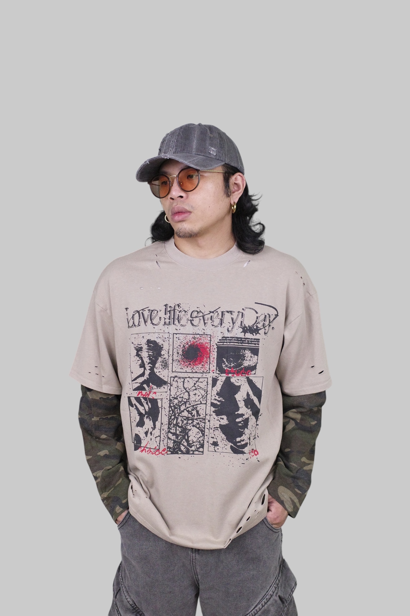 『Always_Good』做舊 刷破 拼接 迷彩 假兩件 薄長TEE