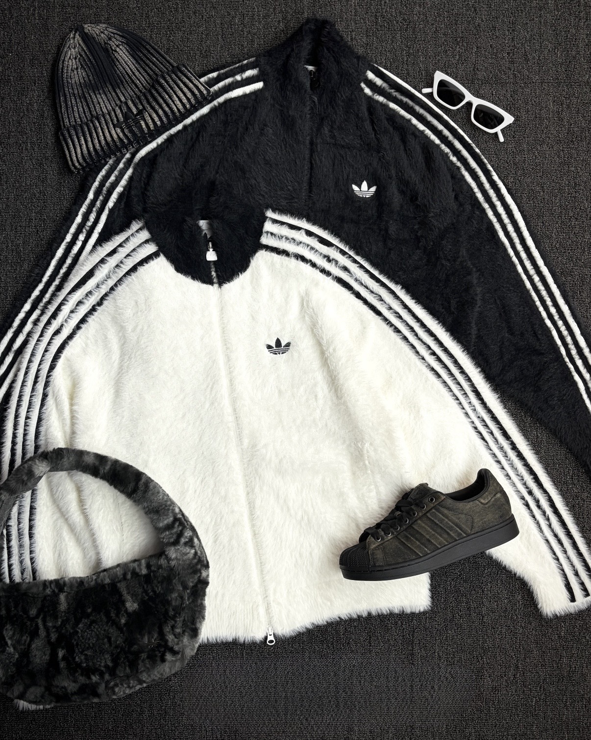 ADIDAS ORIGINALS 仿馬海毛 絨毛 雙拉鍊外套 保暖 三葉草 三線 黑色 KR5145 奶油白 KR5152 / 預購