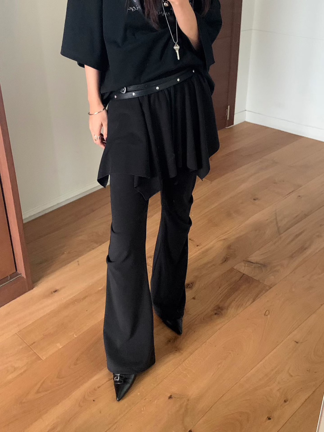 綁帶鬆緊裙罩拚休閒褲