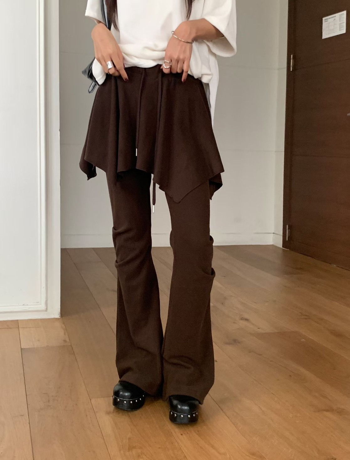 綁帶鬆緊裙罩拚休閒褲