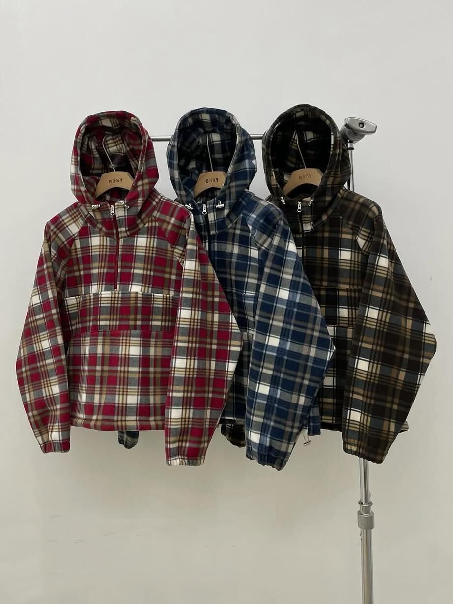 格仔半開胸連帽衛衣 EASY-102JK