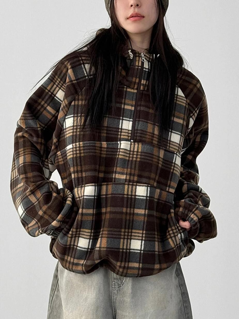 格仔半開胸連帽衛衣 EASY-102JK