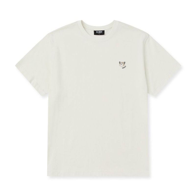 [K] NERDY SLEEPING CAT WAPPEN S/S T-SHIRT_CREAM, PNEU25ST2702 (KN81)